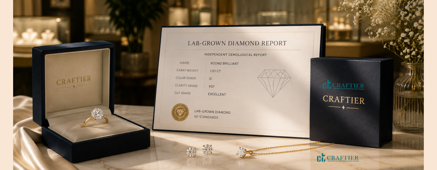 Luxury jewellery display featuring a certified lab-grown diamond ring, diamond stud earrings, pendant necklace, certification report, and premium Craftier jewellery boxes in an elegant showroom setting.