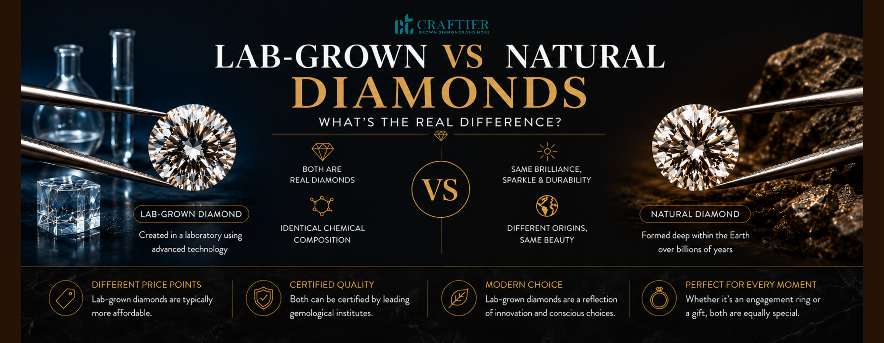 Side-by-side comparison of lab-grown and natural diamonds, highlighting their origins, certification, pricing, and identical brilliance, durability, and chemical composition.