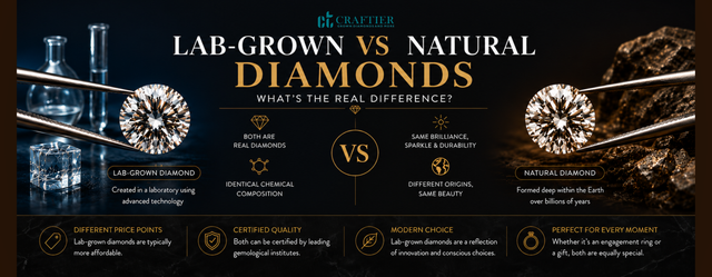 Side-by-side comparison of lab-grown and natural diamonds, highlighting their origins, certification, pricing, and identical brilliance, durability, and chemical composition.
