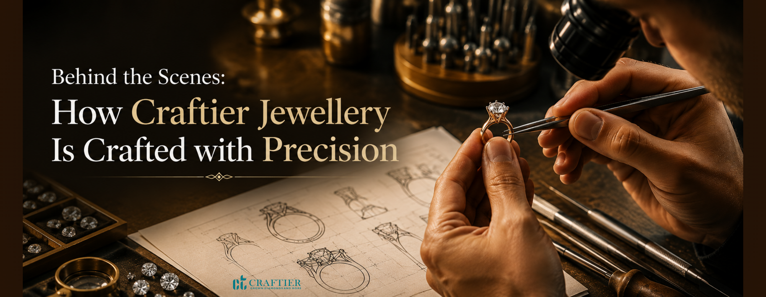 Jewellery artisan carefully setting a diamond ring in a professional workshop, surrounded by design sketches, loose diamonds, and precision tools, showcasing the craftsmanship behind Craftier jewellery.