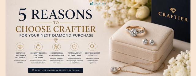 Luxury diamond jewellery display featuring a solitaire ring, diamond stud earrings, pendant necklace, and Craftier jewellery box, representing quality, craftsmanship, transparency, and trust.