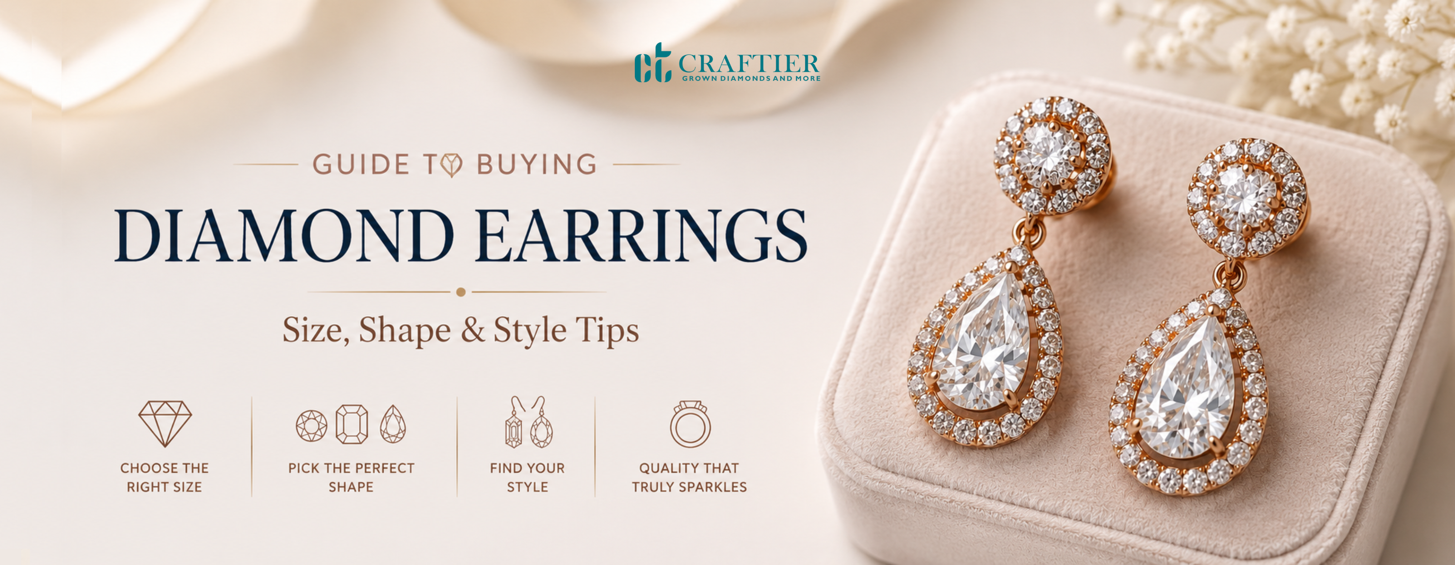 Wide jewellery banner featuring rose gold pear-shaped diamond drop earrings displayed on a blush velvet box with visual cues representing earring size, shape, style, and quality.