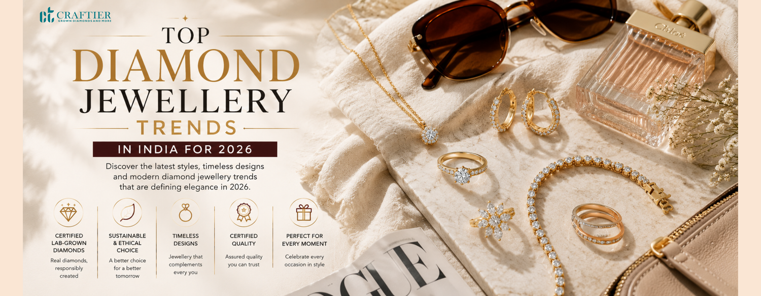 Featured banner showcasing the top diamond jewellery trends in India for 2026, featuring elegant gold and lab-grown diamond rings, pendant necklace, hoop earrings, tennis bracelet, and luxury fashion accessories in a premium flat-lay setting.