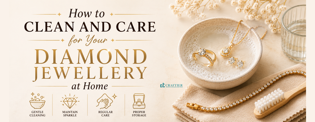 Featured banner illustrating how to clean and care for diamond jewellery at home, showing gold lab-grown diamond jewellery soaking in a bowl of mild soapy water alongside a soft toothbrush, microfiber cloth, and tennis bracelet in a premium beige setting.