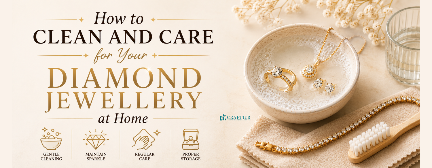 Featured banner illustrating how to clean and care for diamond jewellery at home, showing gold lab-grown diamond jewellery soaking in a bowl of mild soapy water alongside a soft toothbrush, microfiber cloth, and tennis bracelet in a premium beige setting.