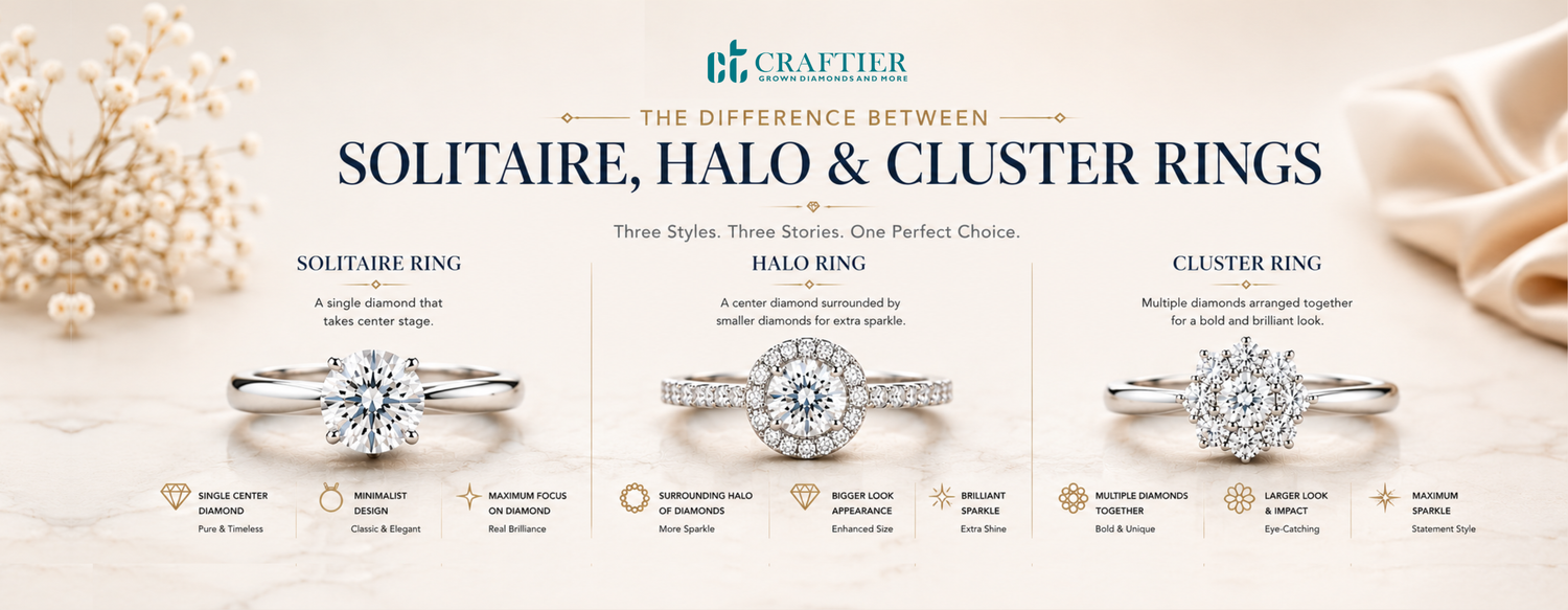 Comparison guide to solitaire, halo, and cluster lab grown diamond rings, highlighting their design differences, sparkle levels, and visual appeal.
