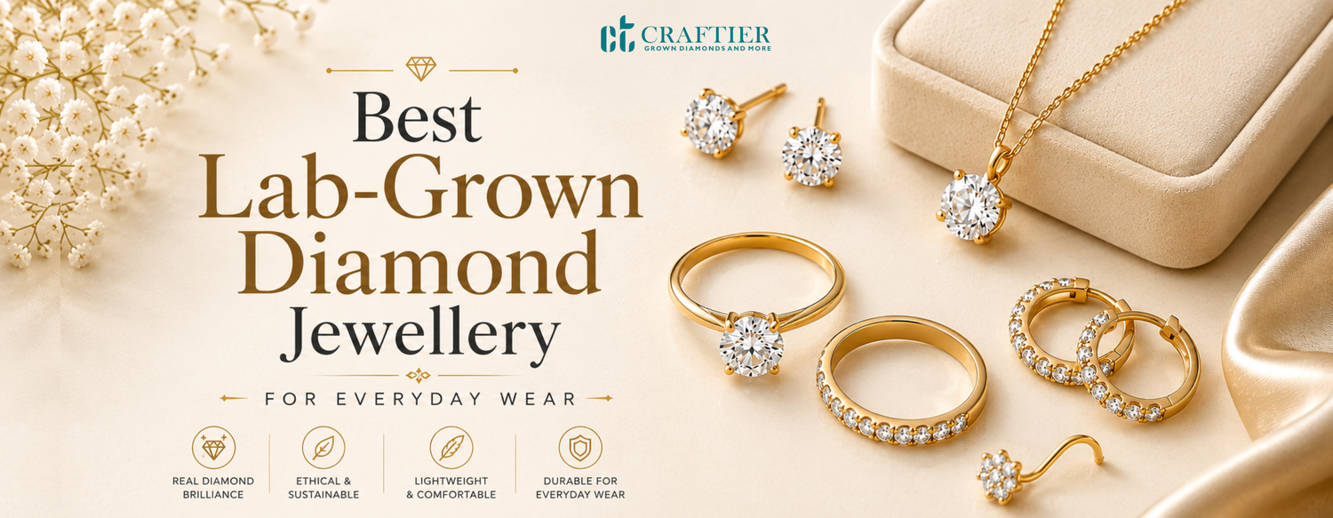 Featured banner for a blog about everyday lab-grown diamond jewellery, showcasing gold diamond stud earrings, a solitaire ring, a diamond pendant necklace, hoop earrings, and a floral nosepin arranged on a soft beige background.