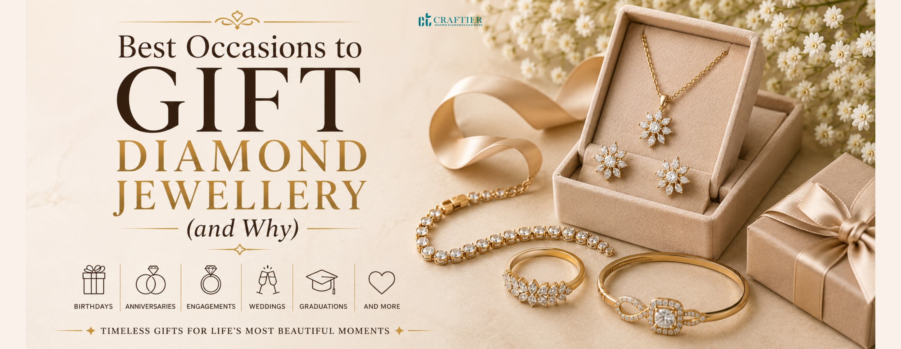 Featured banner showcasing diamond jewellery gift ideas for special occasions, featuring an elegant floral diamond pendant, matching earrings, diamond bracelet, rings, luxury gift boxes, and satin ribbon in a premium beige setting.