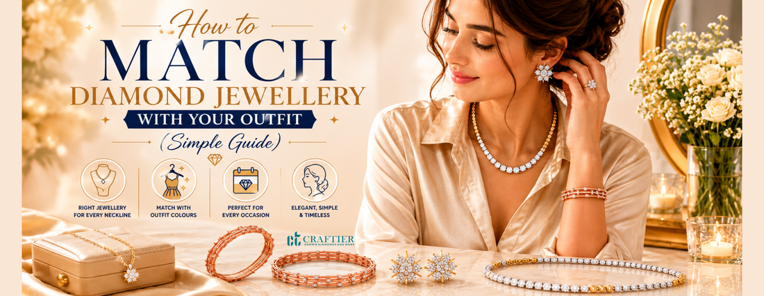 Wide luxury banner showing a woman styled in diamond jewellery with matching necklace, earrings, ring, and bracelet, surrounded by elegant jewellery pieces and fashion styling elements in a cream and gold setting.