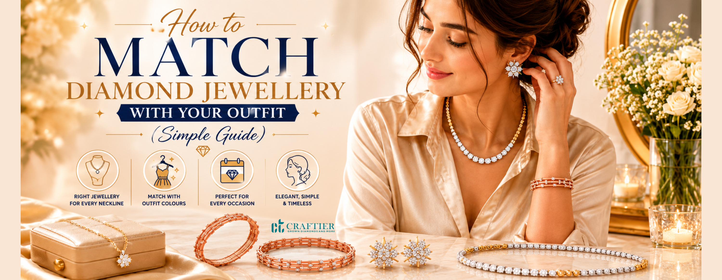 Wide luxury banner showing a woman styled in diamond jewellery with matching necklace, earrings, ring, and bracelet, surrounded by elegant jewellery pieces and fashion styling elements in a cream and gold setting.