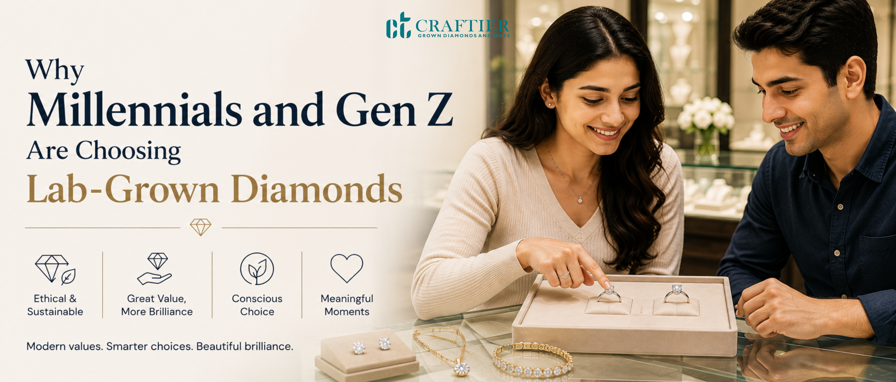 Young couple comparing diamond rings in a luxury jewelry showroom while exploring modern lab-grown diamond jewelry options and fine craftsmanship.