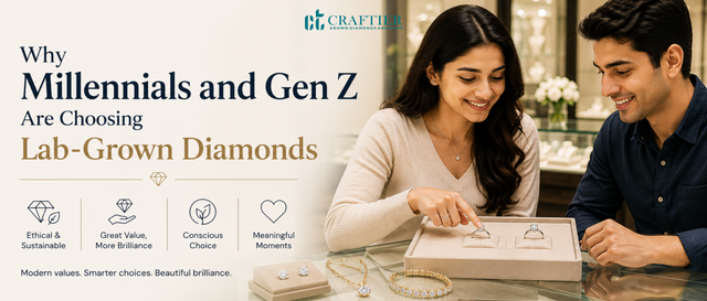 Young couple comparing diamond rings in a luxury jewelry showroom while exploring modern lab-grown diamond jewelry options and fine craftsmanship.