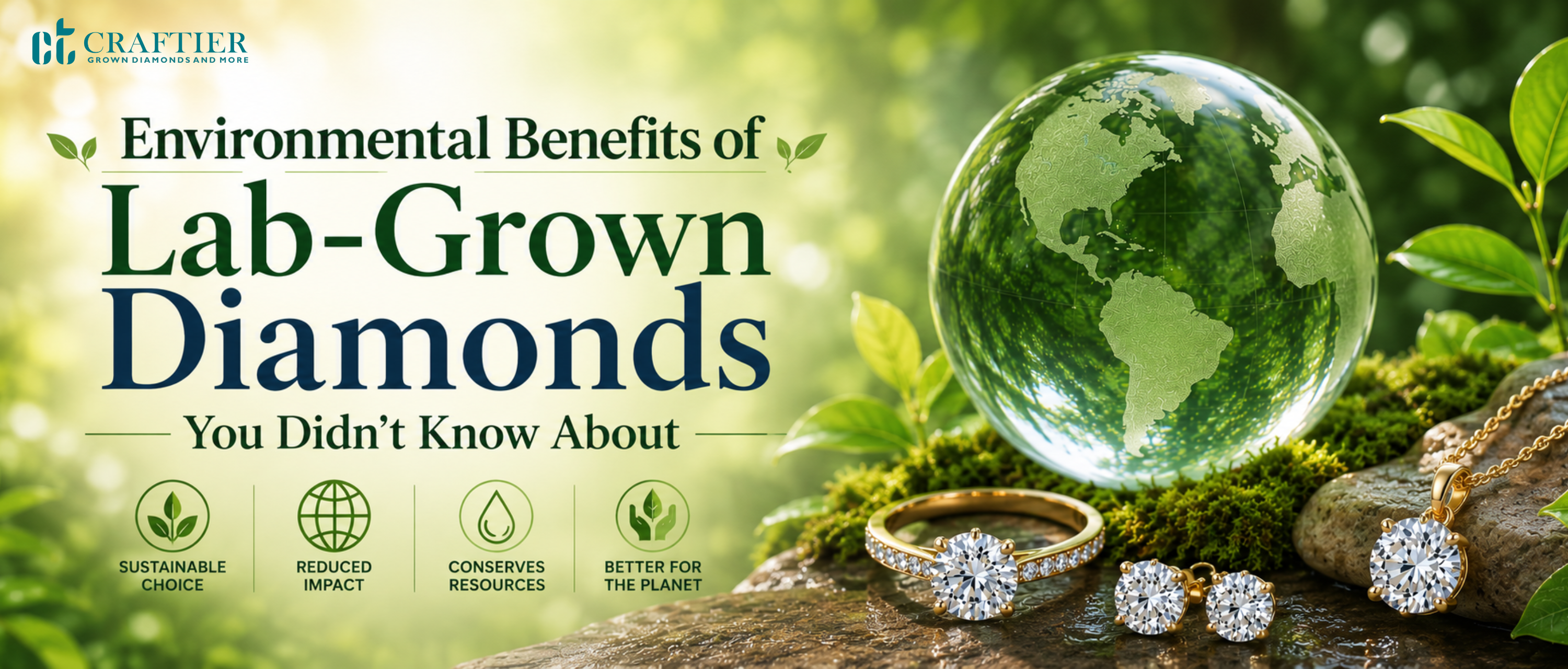 Featured banner illustrating the environmental benefits of lab-grown diamonds, showcasing sustainable luxury jewelry surrounded by green foliage, natural elements, and eco-conscious imagery.