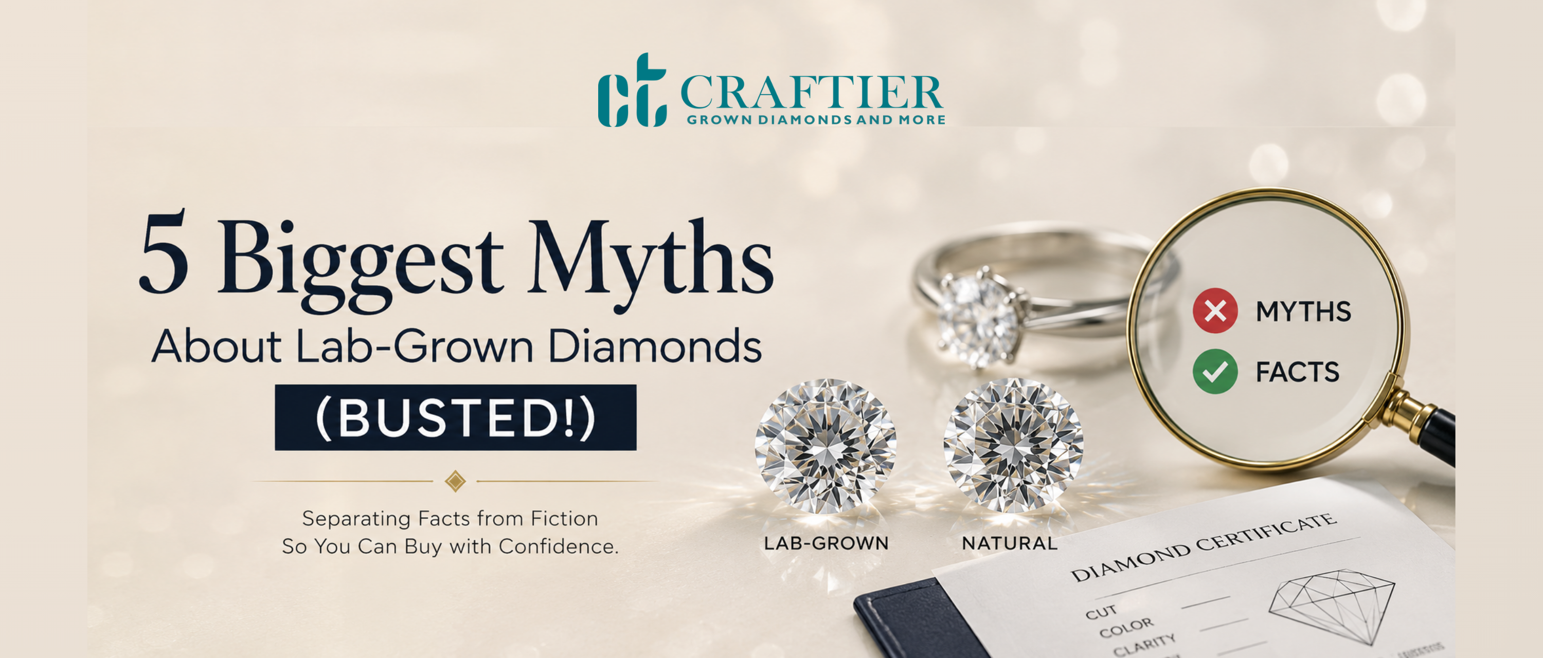 Lab-grown diamond jewelry with diamonds and magnifying glass on a premium background.