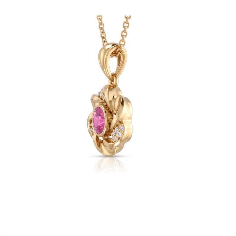 A yellow gold pendant necklace featuring a sculpted floral design with a central oval pink gemstone and small clear accent stones, shown on a white background with a faint reflection.