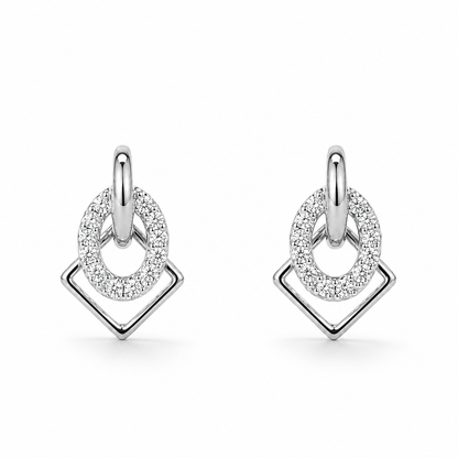Pair of silver earrings with circular and square designs on a white background