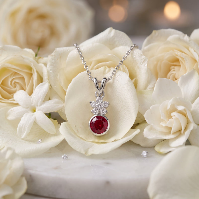 A silver pendant necklace with a round red gemstone and a small cluster of clear stones, displayed on a white rose among cream roses.
