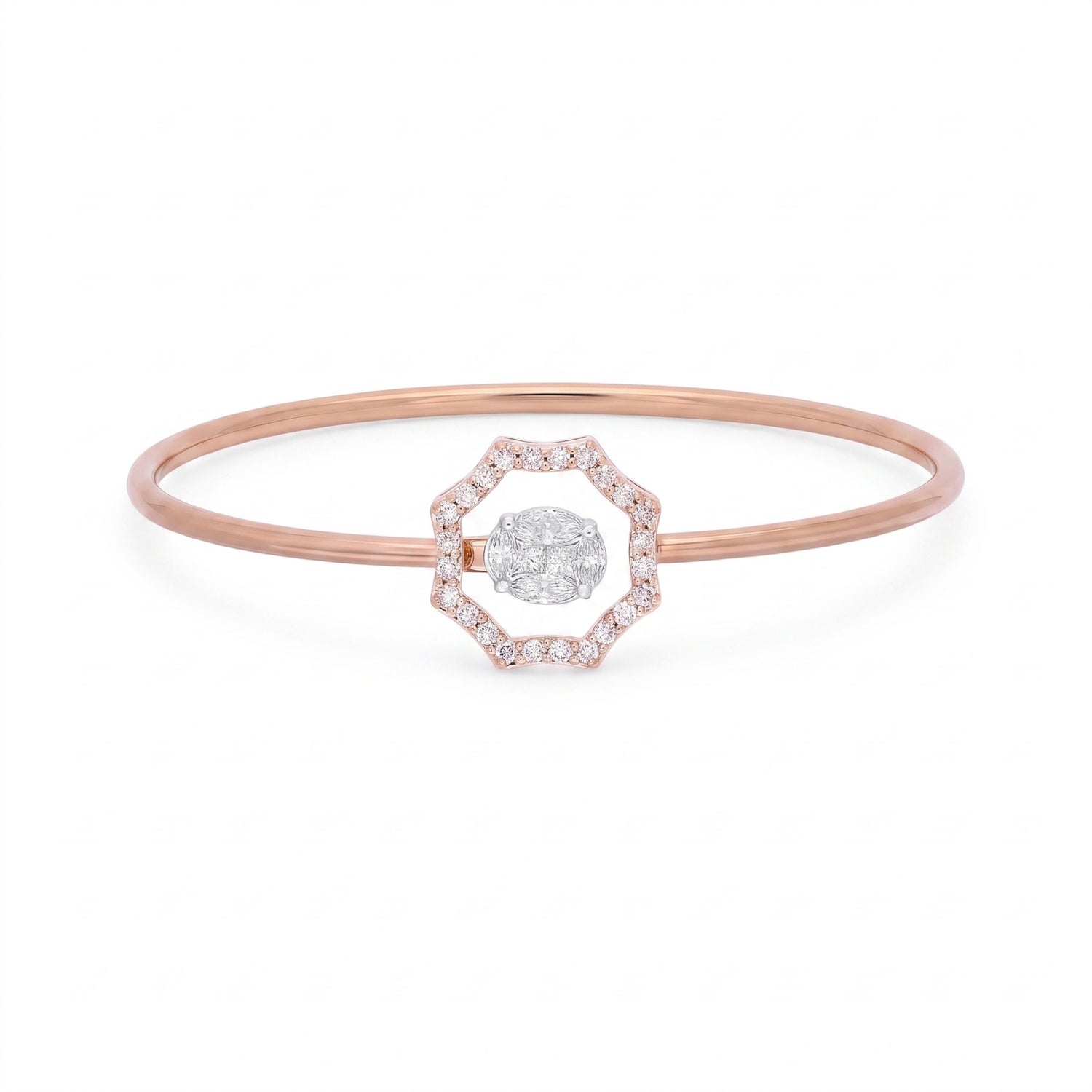 A delicate rose gold bangle bracelet featuring a central geometric octagonal halo set with small clear stones and a round-cut center stone, shown on a clean white background.