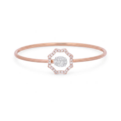 A delicate rose gold bangle bracelet featuring a central geometric octagonal halo set with small clear stones and a round-cut center stone, shown on a clean white background.