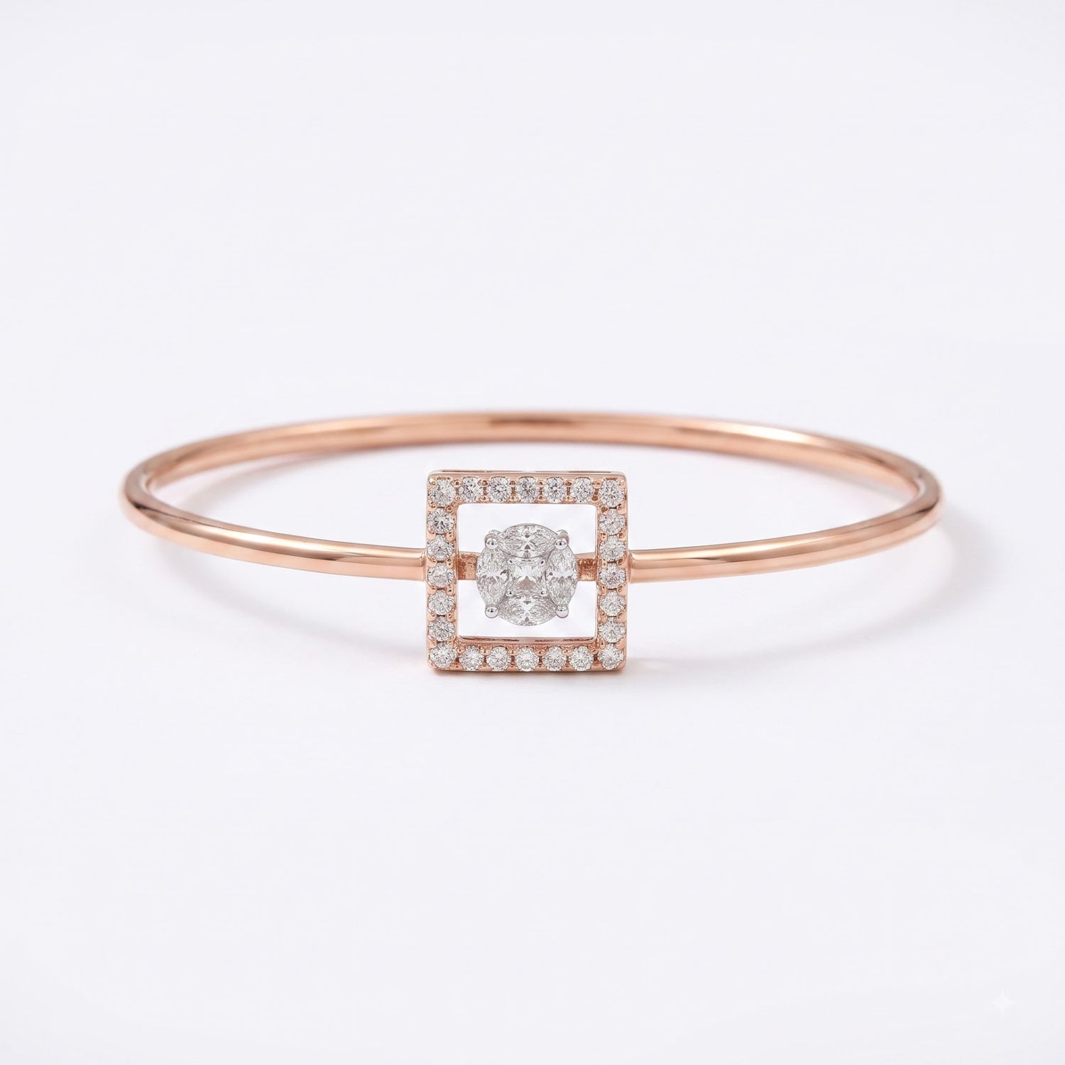 A rose gold bangle bracelet featuring a square-shaped centerpiece with a central round diamond surrounded by a halo of small pavé diamonds, set against a clean white background.