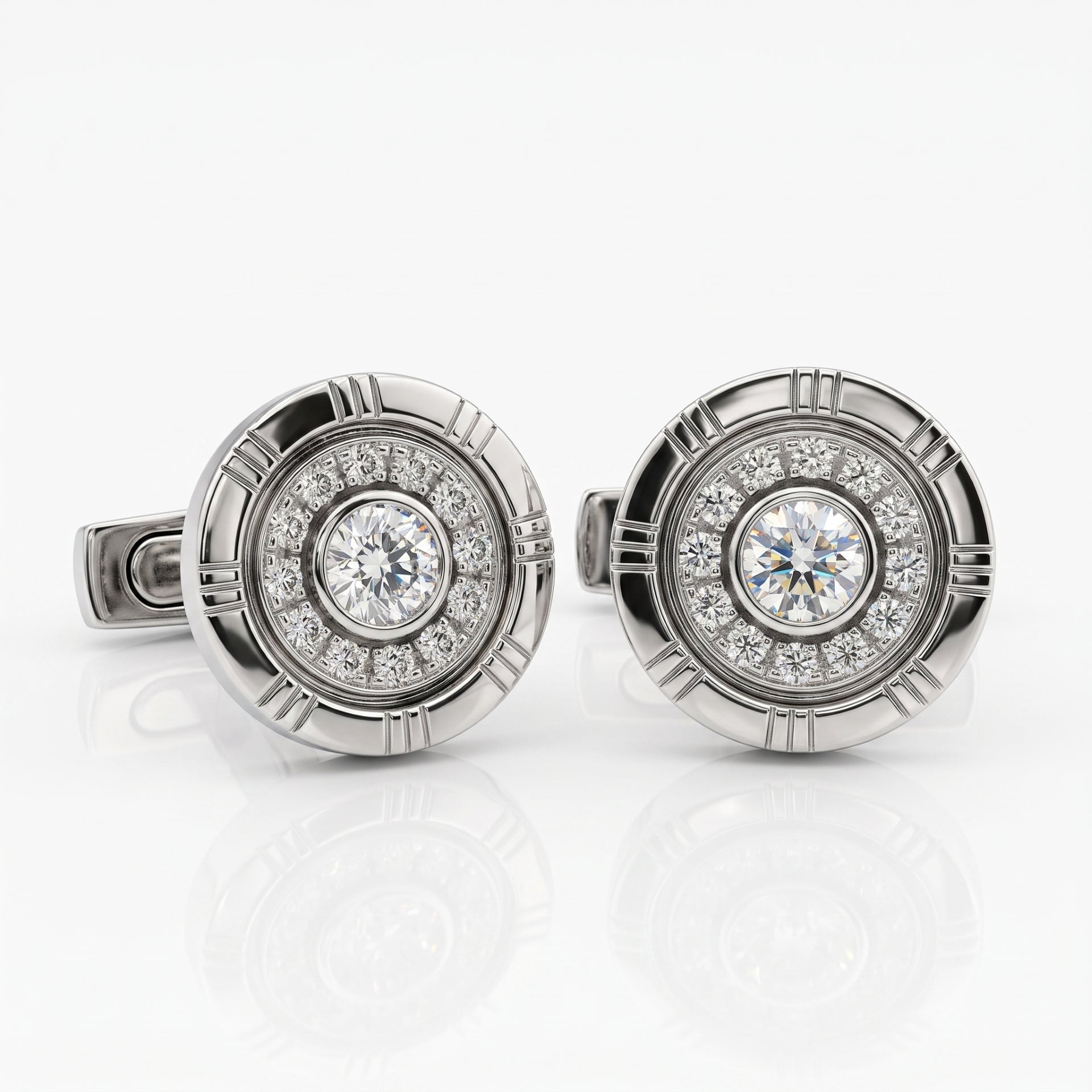 A pair of round silver-toned cufflinks featuring a central round diamond surrounded by a halo of smaller diamonds, set in a circular textured bezel.
