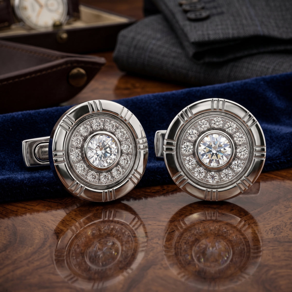 A pair of round silver-toned cufflinks with clear gemstone centers, displayed on a dark blue velvet cloth over a polished wooden surface with suit and watch props in the background.