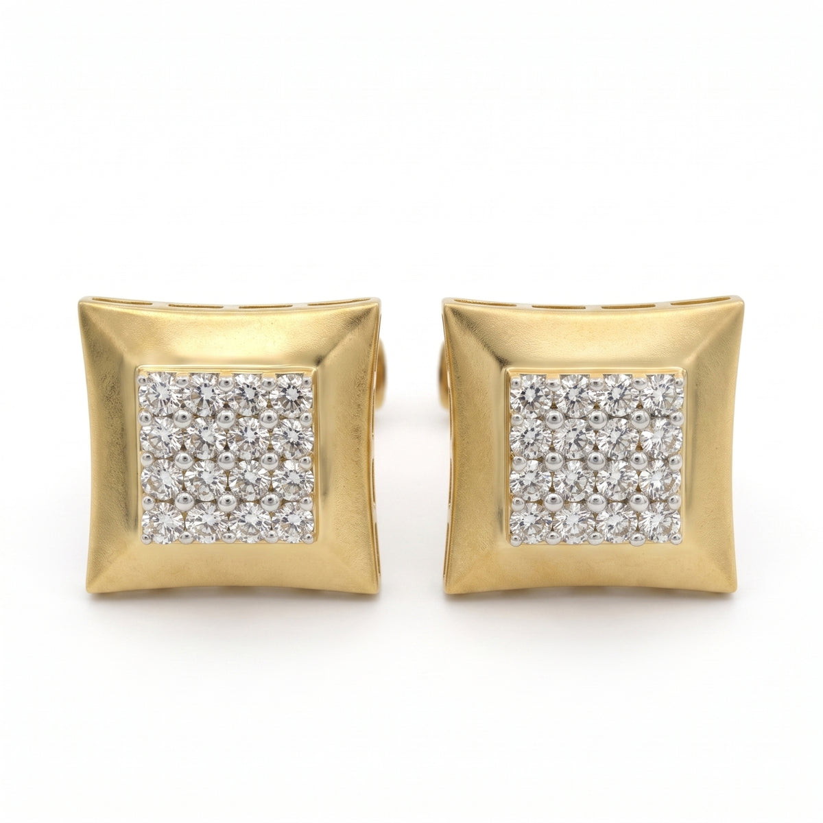A pair of gold square stud earrings with a pavé diamond center, shown on a plain white background.