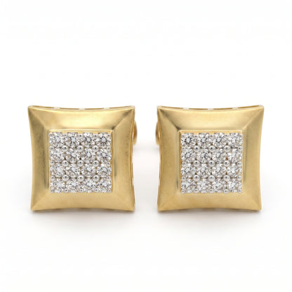 A pair of gold square stud earrings with a pavé diamond center, shown on a plain white background.