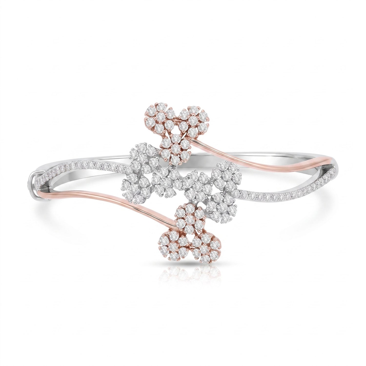 A delicate open bangle bracelet featuring three floral clusters of clear pavé stones set in rose gold and white gold, displayed on a clean white background.