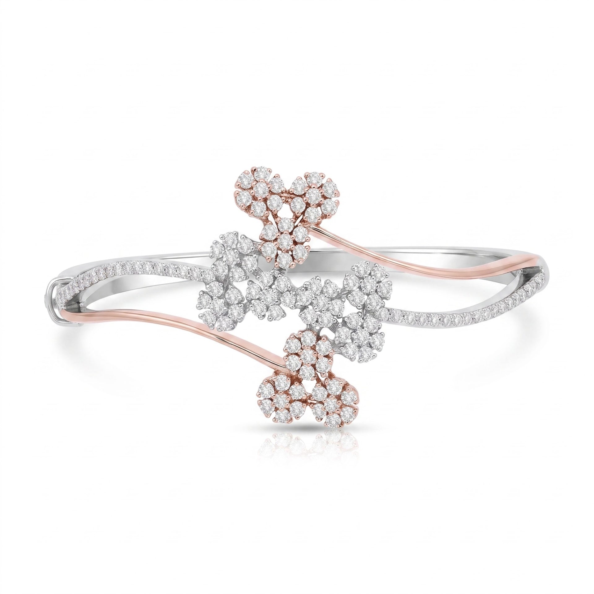 A delicate open bangle bracelet featuring three floral clusters of clear pavé stones set in rose gold and white gold, displayed on a clean white background.