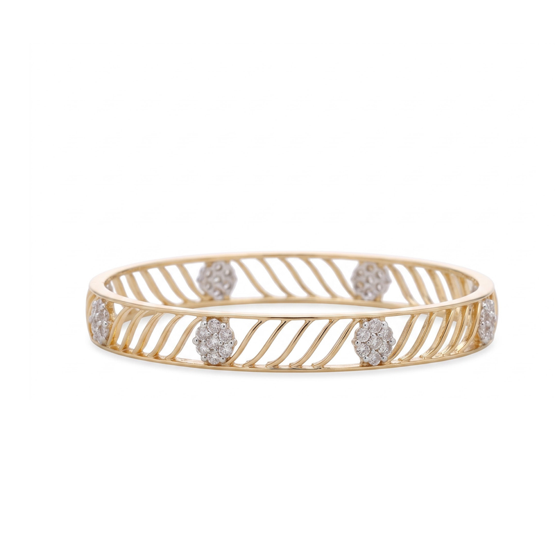 A gold bangle bracelet with a twisted wire design and four round diamond clusters, shown on a plain white background.