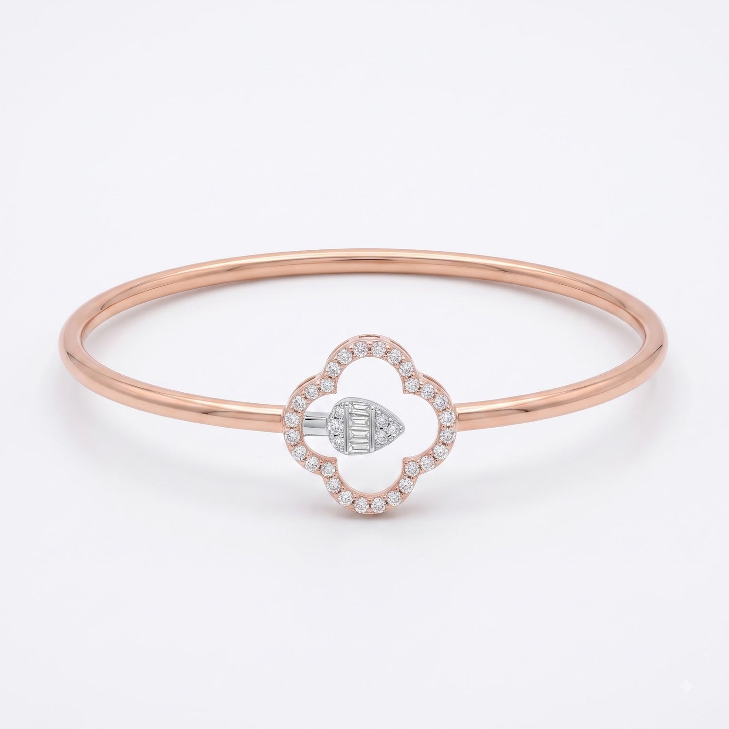 A rose gold bangle bracelet featuring a central clover-shaped charm with a diamond halo and a central diamond-set geometric accent, shown on a clean white background.