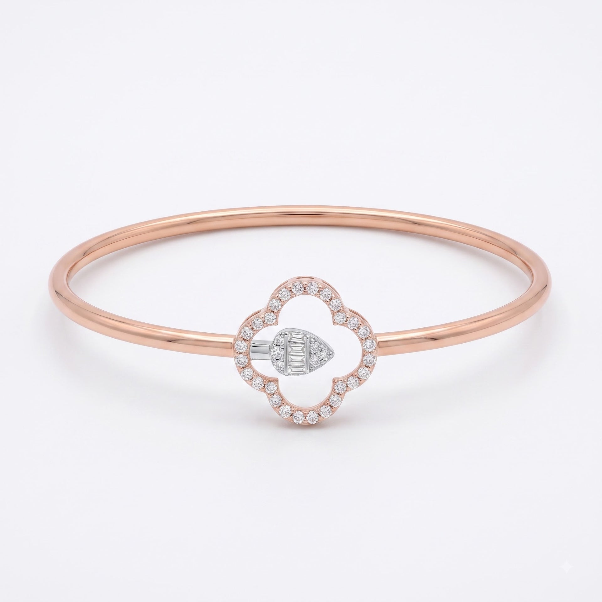 A rose gold bangle bracelet featuring a central clover-shaped charm with a diamond halo and a central diamond-set geometric accent, shown on a clean white background.