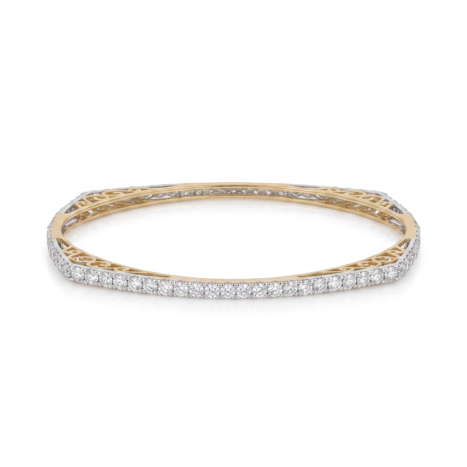 A yellow gold bangle bracelet featuring a continuous row of pavé-set round diamonds on the outer band, with an openwork filigree gold inner band, shown against a plain white background.