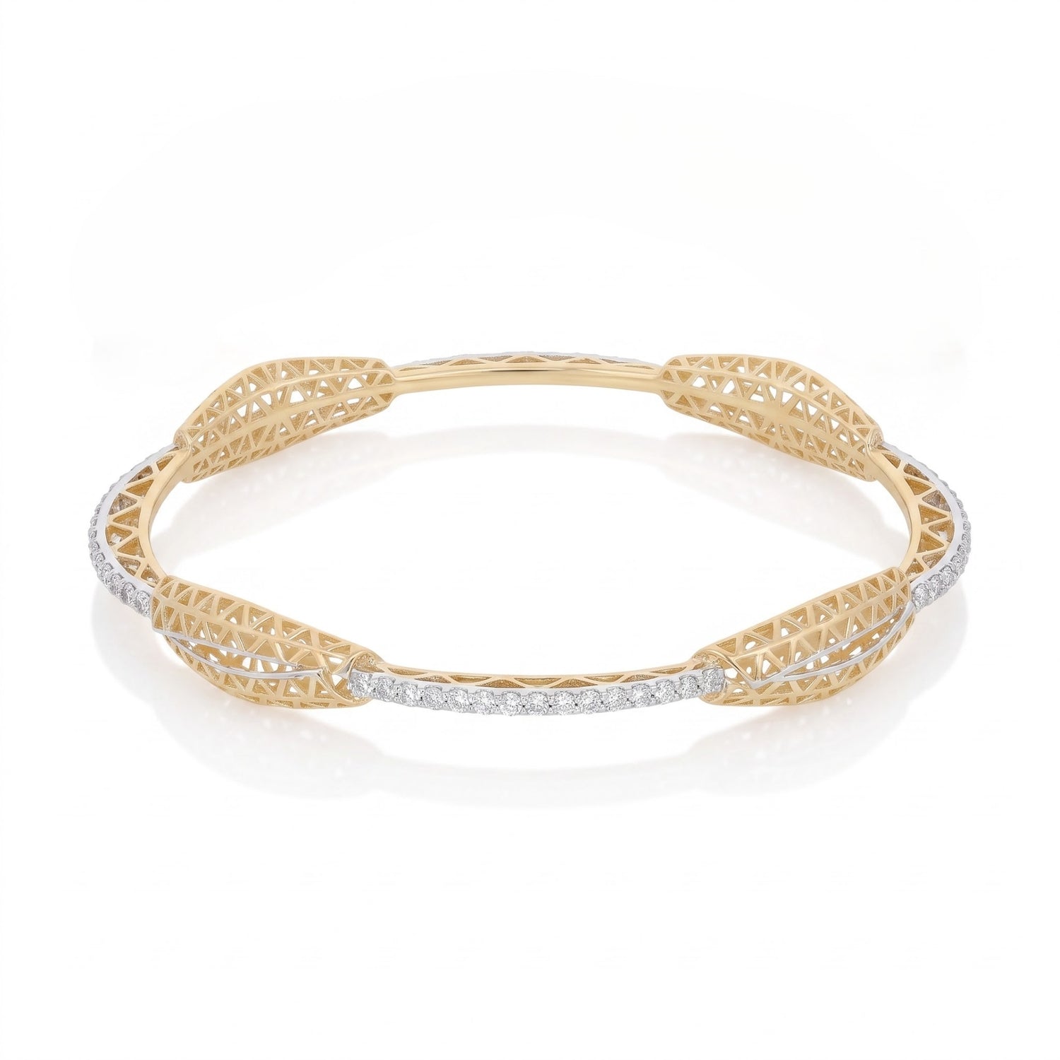 A yellow gold filigree bangle bracelet with a row of small clear stones along the front, displayed on a clean white background.