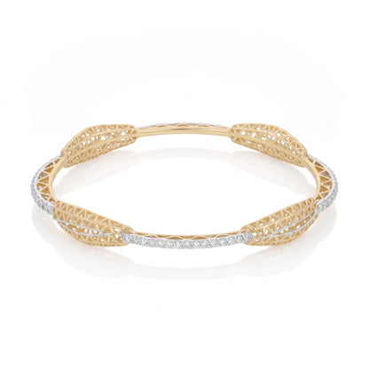 A yellow gold filigree bangle bracelet with a row of small clear stones along the front, displayed on a clean white background.