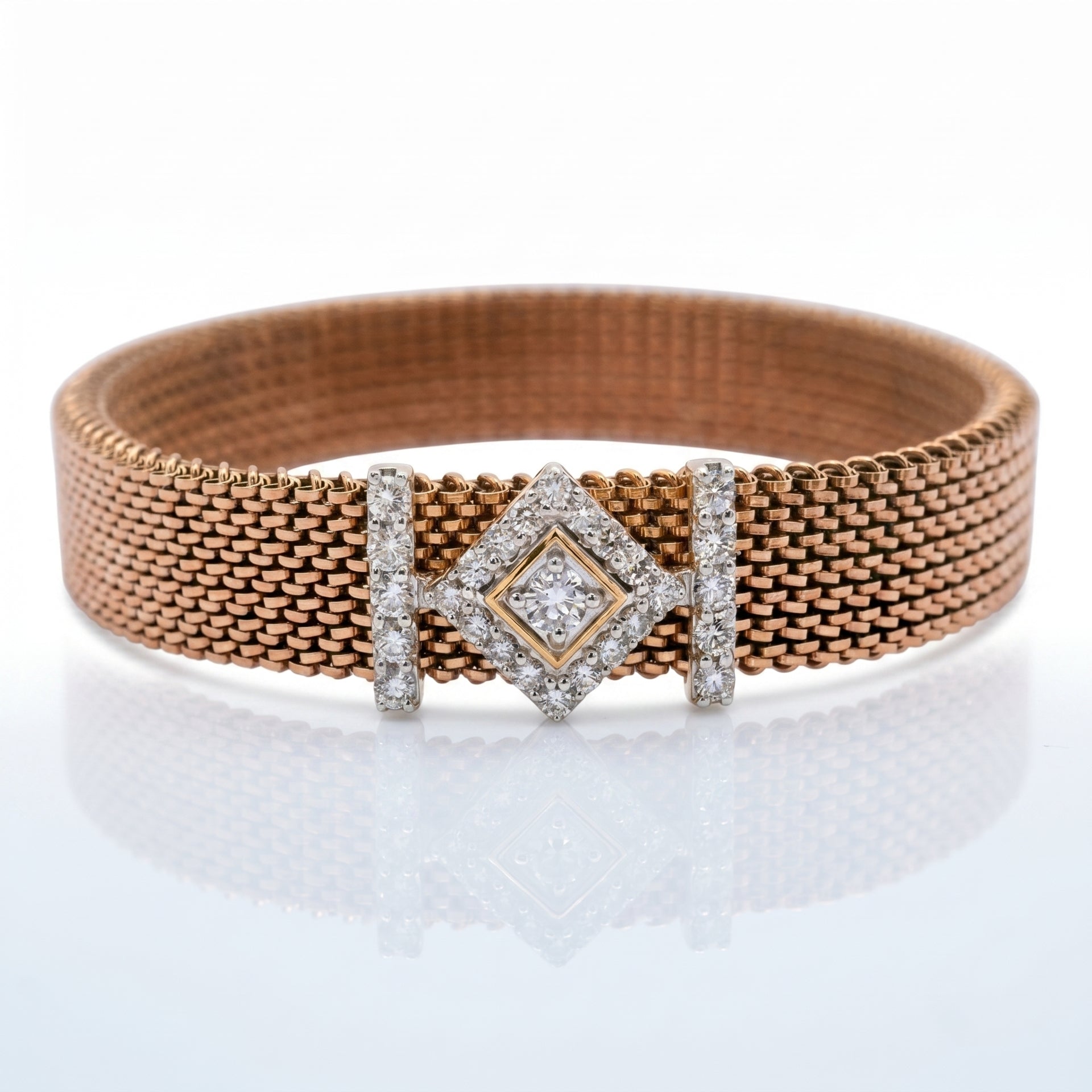 Rose gold mesh bracelet with geometric lab grown diamond centerpiece