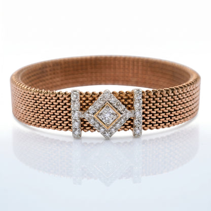 Rose gold mesh bracelet with geometric lab grown diamond centerpiece