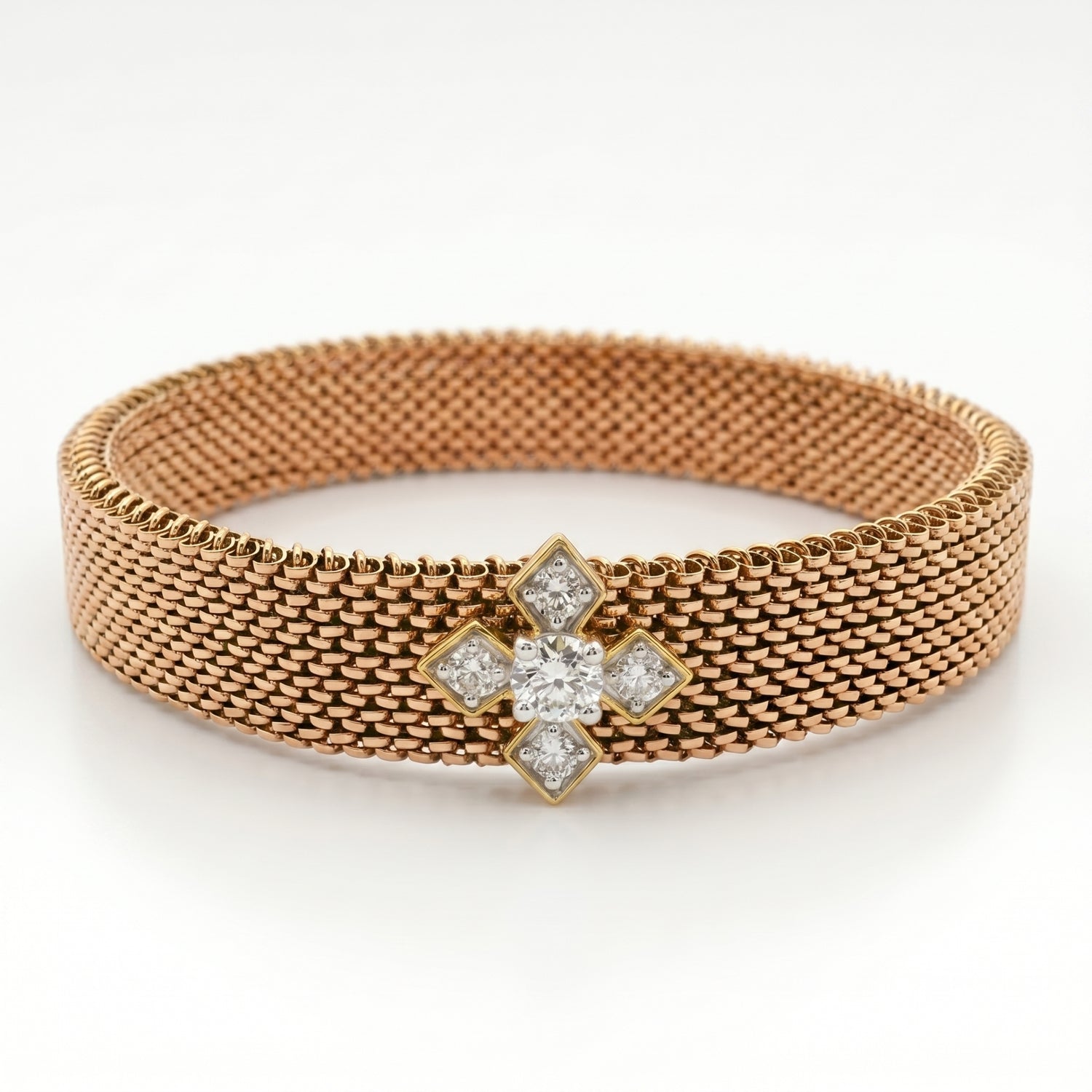 Rose gold mesh bracelet with floral lab grown diamond motif