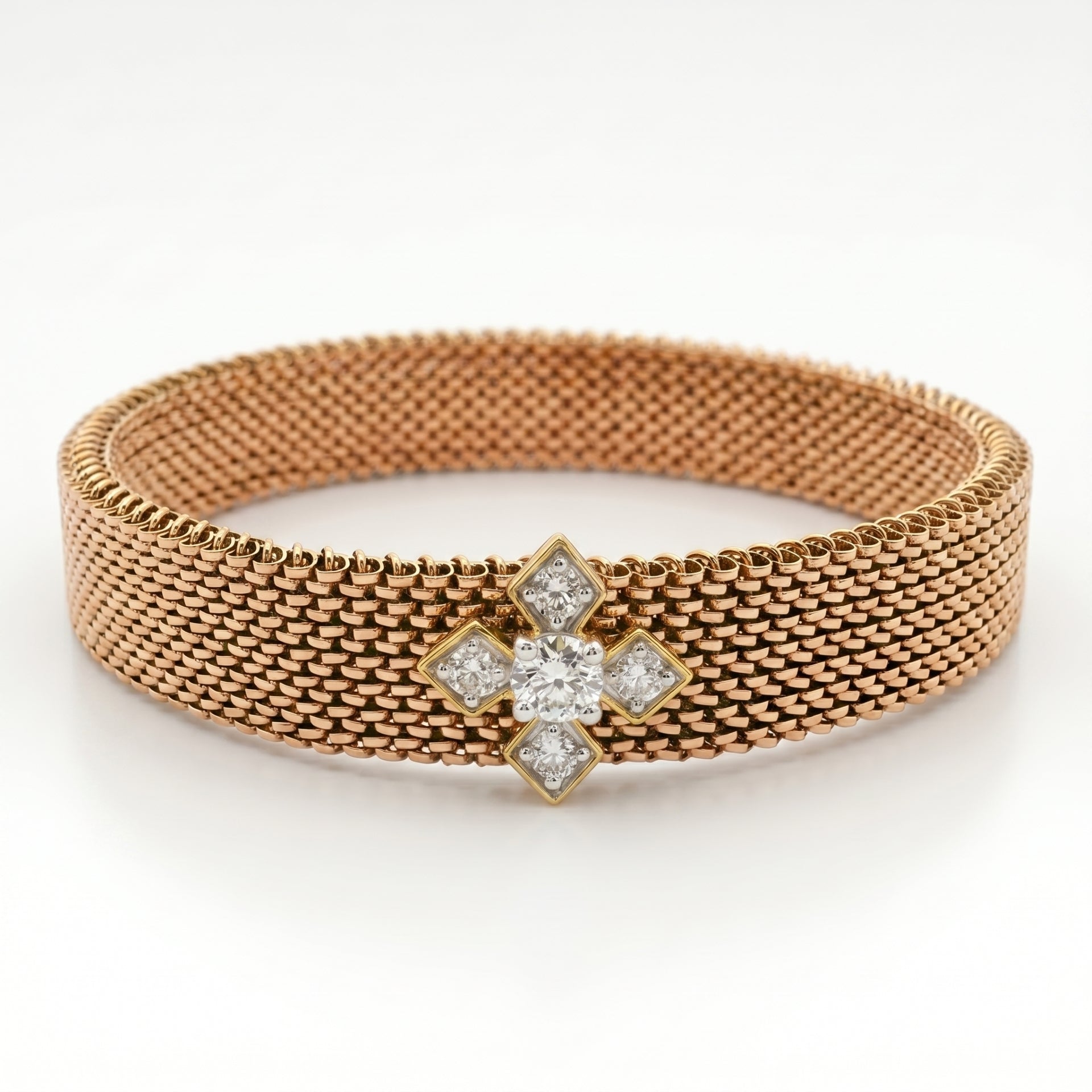 Rose gold mesh bracelet with floral lab grown diamond motif