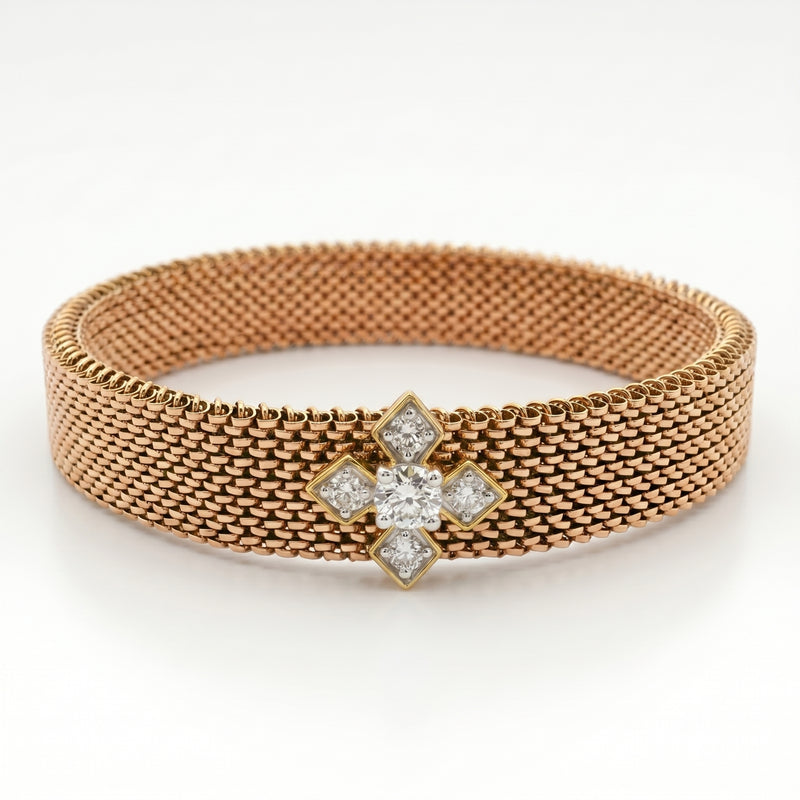 Rose gold mesh bracelet with floral lab grown diamond motif