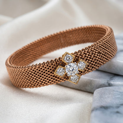 Rose gold mesh bracelet with floral lab grown diamond motif on satin