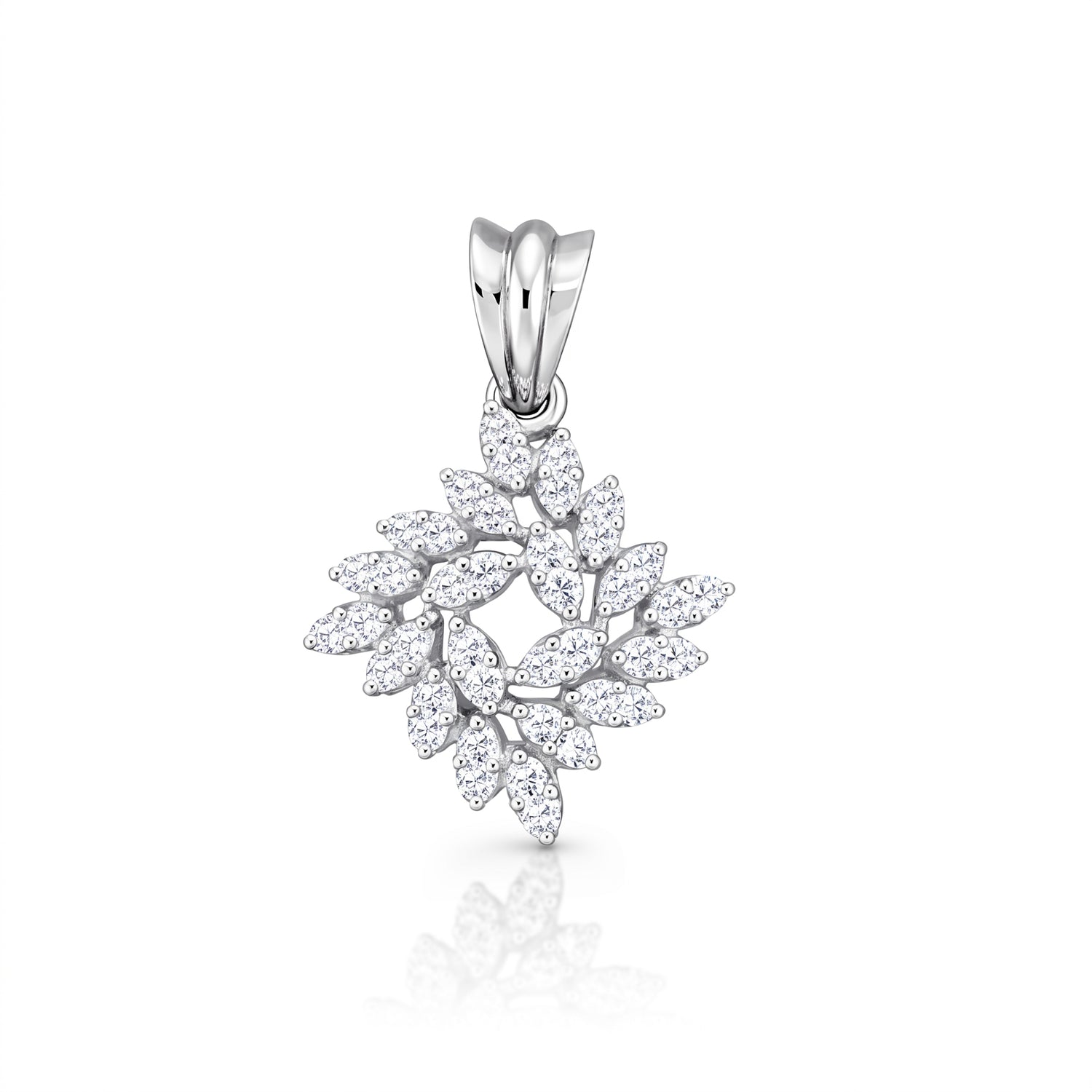 A silver snowflake pendant embellished with marquise-cut and round-cut clear stones, shown on a clean white background with a soft reflection below.