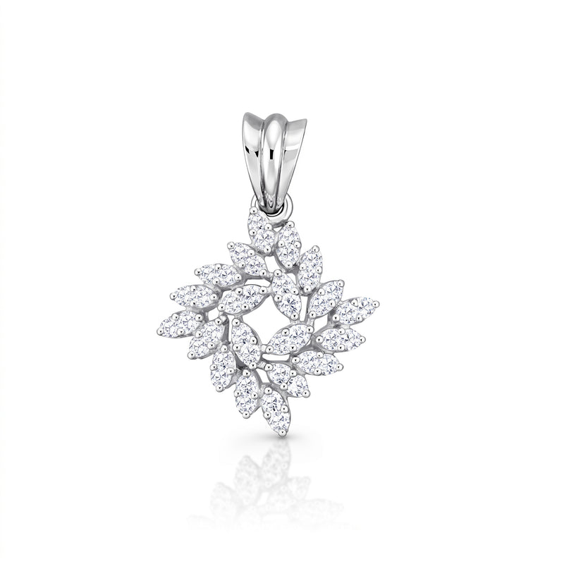 A silver snowflake pendant embellished with marquise-cut and round-cut clear stones, shown on a clean white background with a soft reflection below.