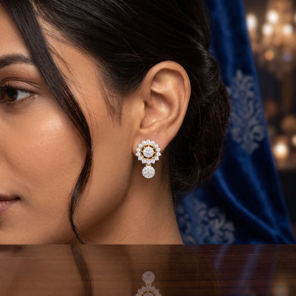 Close-up of a woman wearing a diamond earring with a blurred background