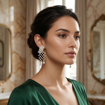 Woman wearing elegant geometric lab-grown diamond stud earrings in a side profile portrait.