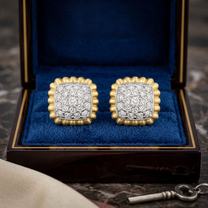 Square lab grown diamond stud earrings in a blue velvet jewellery box