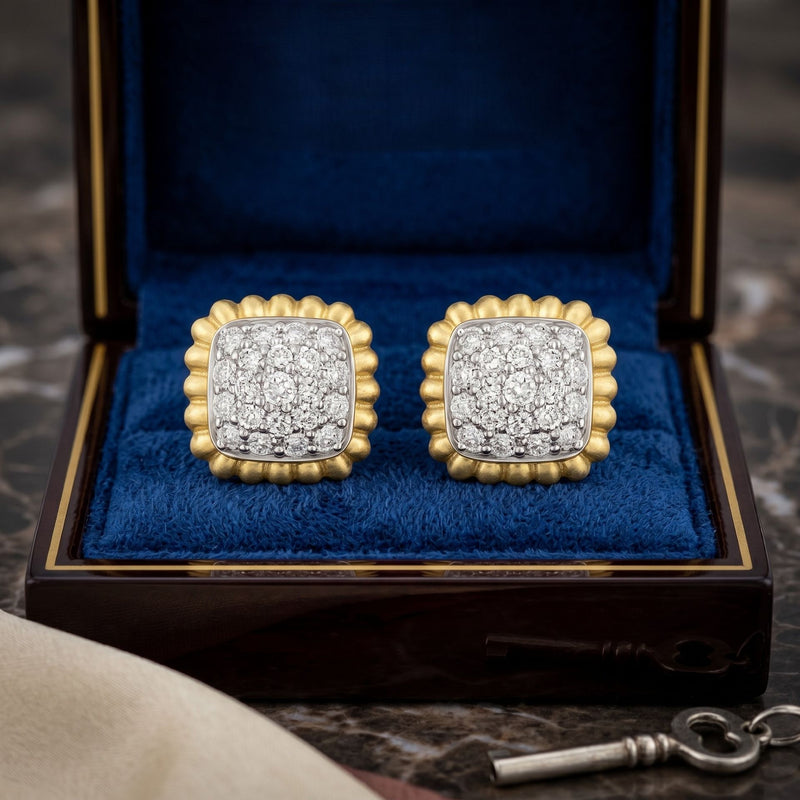 Square lab grown diamond stud earrings in a blue velvet jewellery box