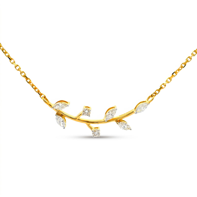 A gold necklace with a delicate branch-shaped pendant adorned with marquise and round-cut clear gemstones, displayed on a clean white background.