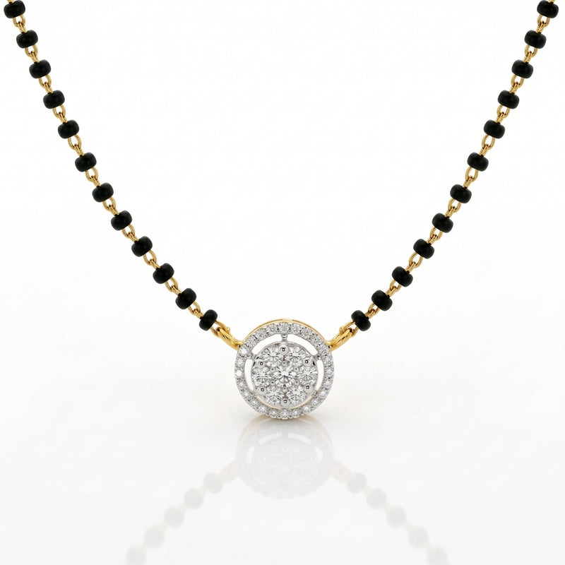 A gold and black beaded necklace with a round pendant featuring a halo of small clear stones, shown on a white background with a soft reflection.